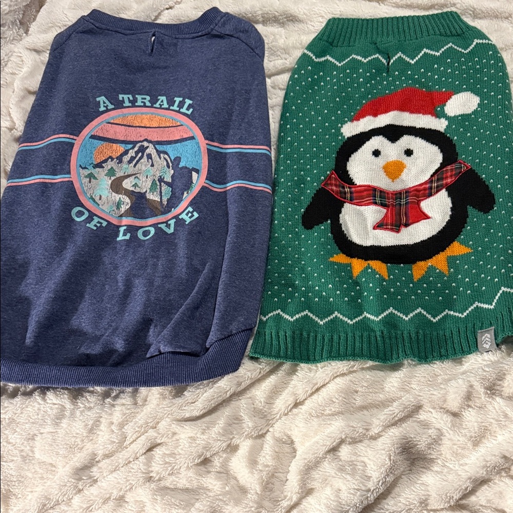 2 Dog sweaters- A Trail of Love' Sweat Shirt and Penguin Sweater